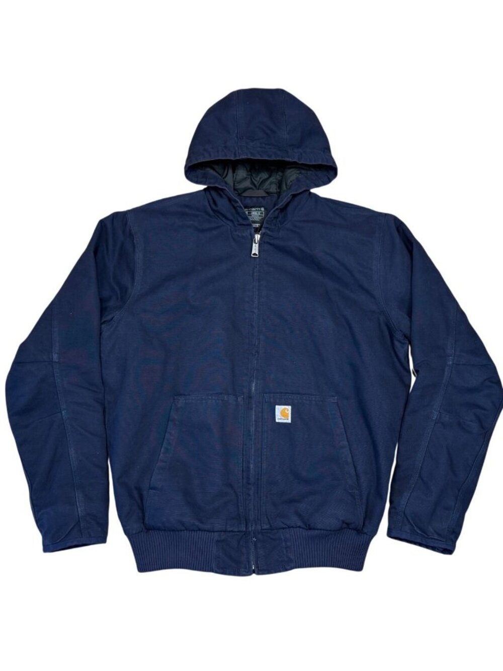 Carhartt J130 Navy Quilted Lined Hooded Jacket Mens L Tall Workwear Duck Canvas